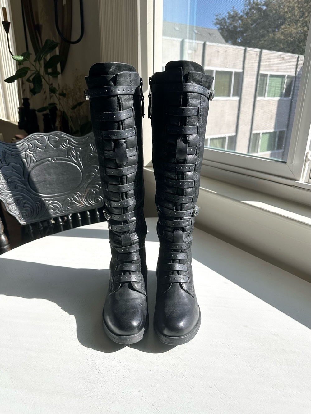 Miz mooz black leather knee high studded multi strap heeled boots women’s 38 7.5